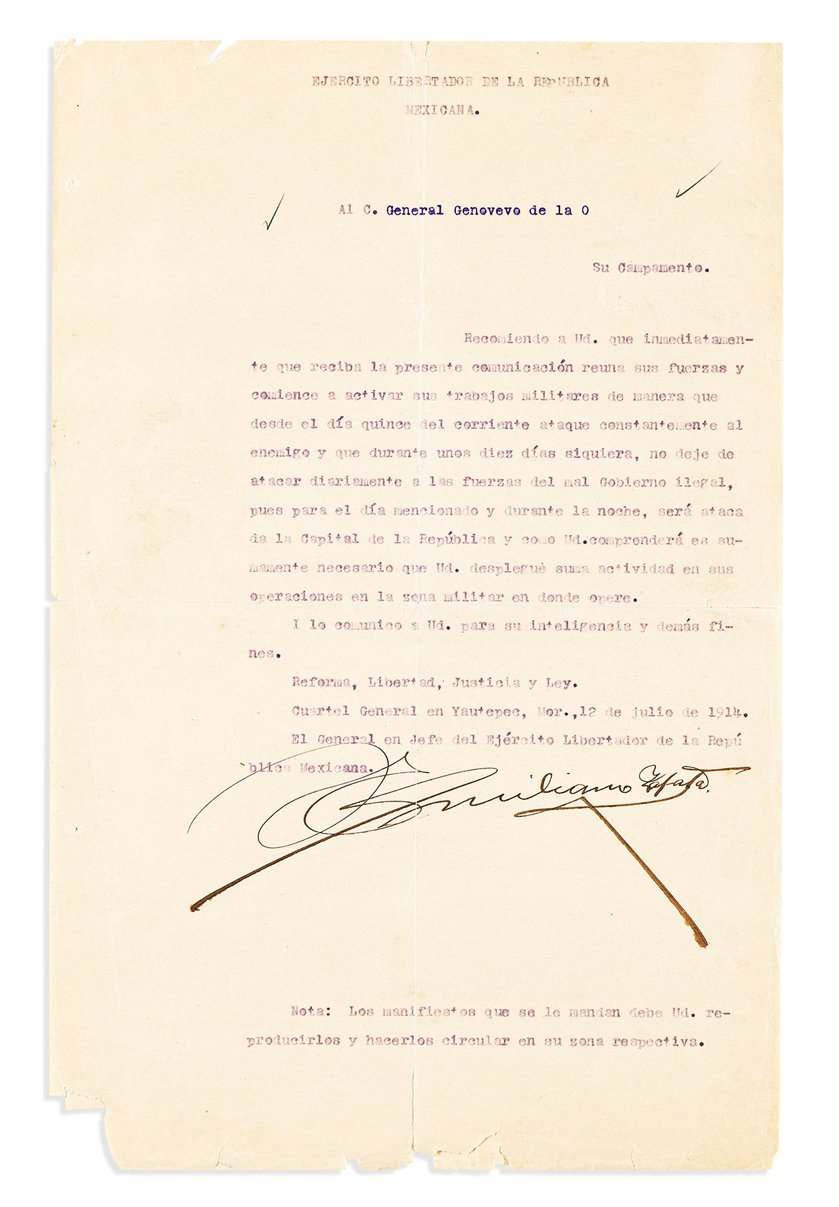 ZAPATA, EMILIANO. Typed Letter Signed, to General Genovevo de la O, in Spanish,